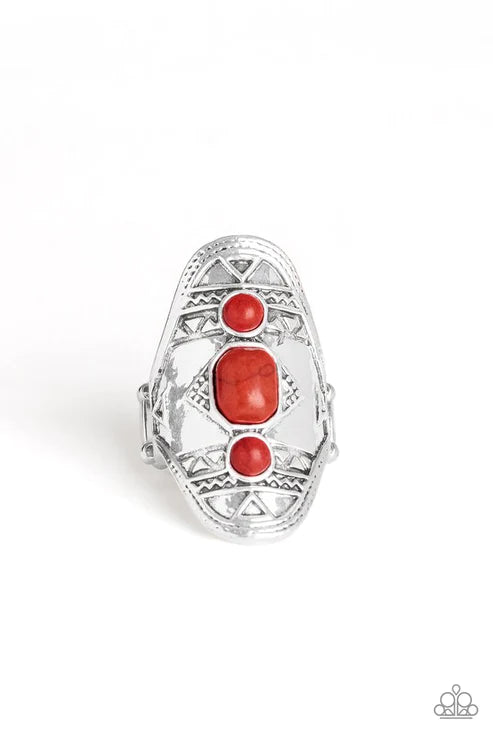 Desert Paint - Oversized Red Trio Dotted Ornate Stamped/Embossed Tribal Stone Ring R#5799