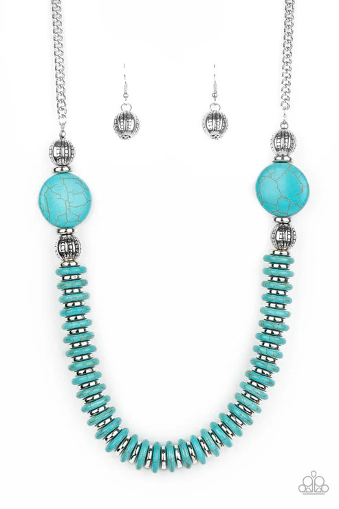 Desert Revival - Blue/Silver Stone Flanked Hammered Discs Accent Necklace N#7401