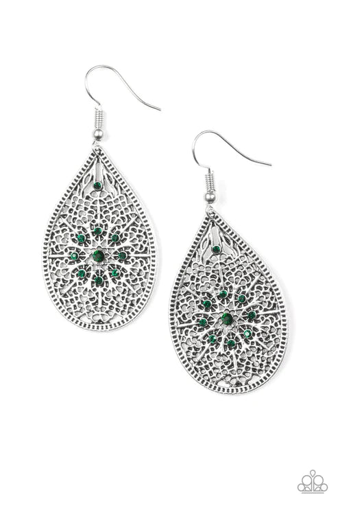 Dinner Party Posh - Green Filigree Backdrop Teardrop Earrings E#3828