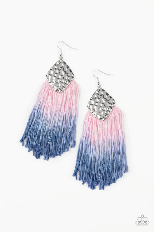 Dip In - Oversized Multi (Fades- Pink To Blue) Ombre Effect Plume Cording Hammered Earrings E#2706