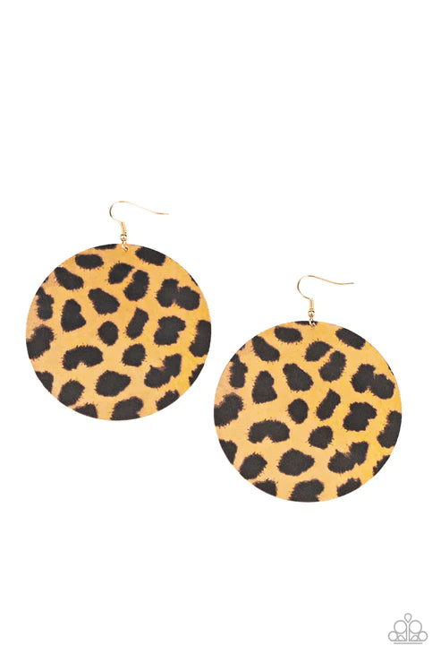 Doing GRR-eat - Oversized Brown Shimmery Cheetah Print gold Disc Statement Earrings E#5701