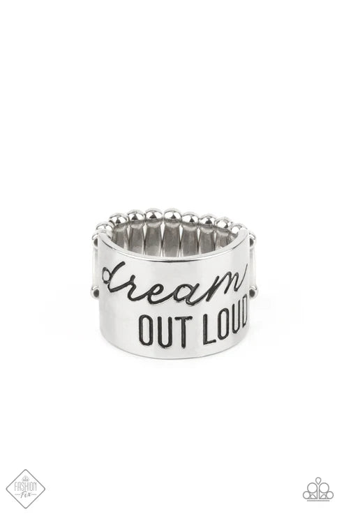 Dream Louder - Oversized Silver Stamped "Dream Out Loud" Inspirational Ring R#6681