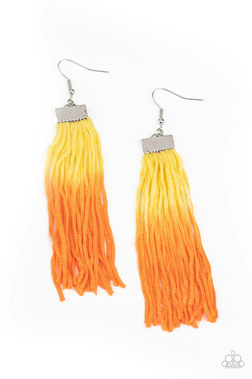Dual Immersion - Yellow (Yellow/Amberglow) Hammered Immersion Tassel Fringe Earrings E#2973