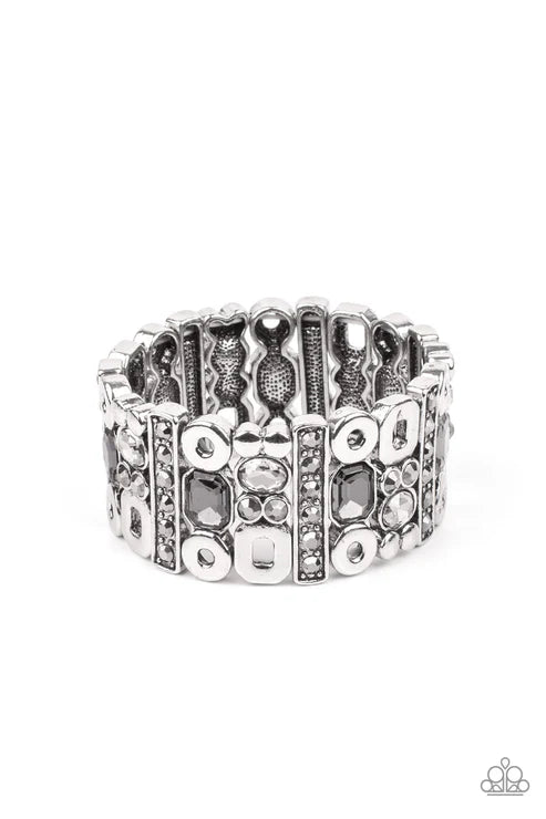 Dynamically Diverse - Silver Mismatched Geometric Intense Oval/Round/Emerald Cut Smoky Hematite Encrusted Studded Bracelet B#6680