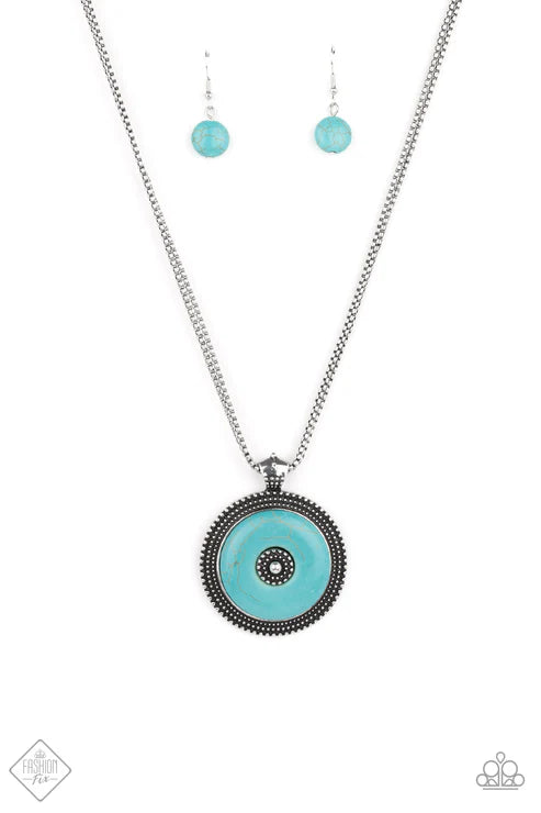 EPICENTER of Attention - Oversized Blue Double Strands Silver Box Chain Round Stone Set Inside Antiqued Frame Highlighted Raised Dots Concentric Circles Center Pendant Mesmerizing Finish Necklace N#7356