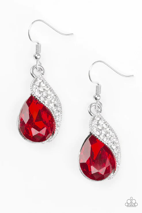 Easy Elegance - Red Faceted Wrapped Encrusted Ribbon Teardrop Earrings E#6057