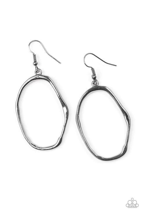 Eco Chic - Oversized Black High-Sheen Hammered Asymmetrical Hoop Earrings E#3159