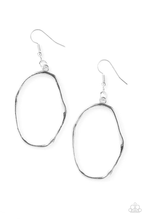 Eco Chic - Oversized Silver High-Sheen Hammered Asymmetrical Hoop Earrings E#3605