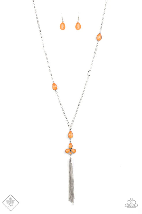 Eden Dew - Orange Cluster Dewy Orange Peel Teardrop Coalesces Embedded Airy Frames Dot Tassel Cascades Pendant Creating Ethereal Movement Necklace N#7363