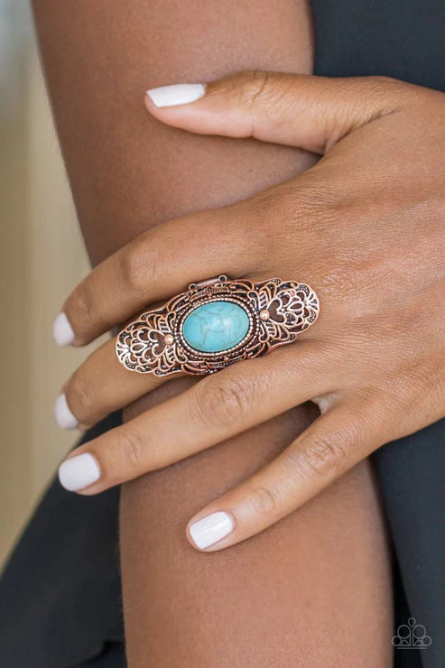 Ego Trippin - Oversized Copper/Blue Dotted Stone Heart Filigree Ring R#3641