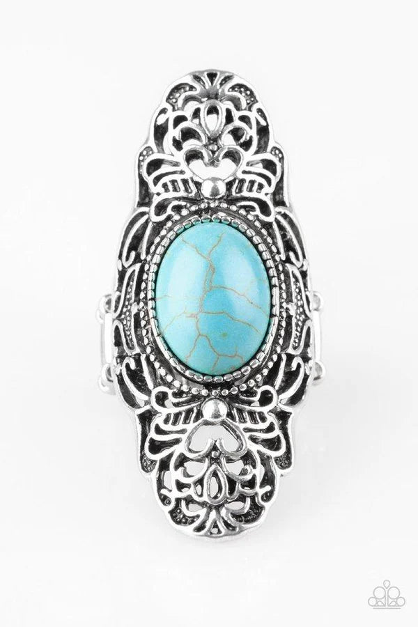 Ego Trippin - Oversized Blue Dotted Stone Heart Filigree Ring R#6857