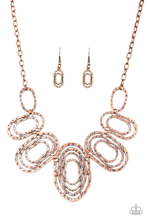 Empress Impressions - Oversized Copper Hammered Rippling Textures Coiling Rings Connect Necklace N#7315