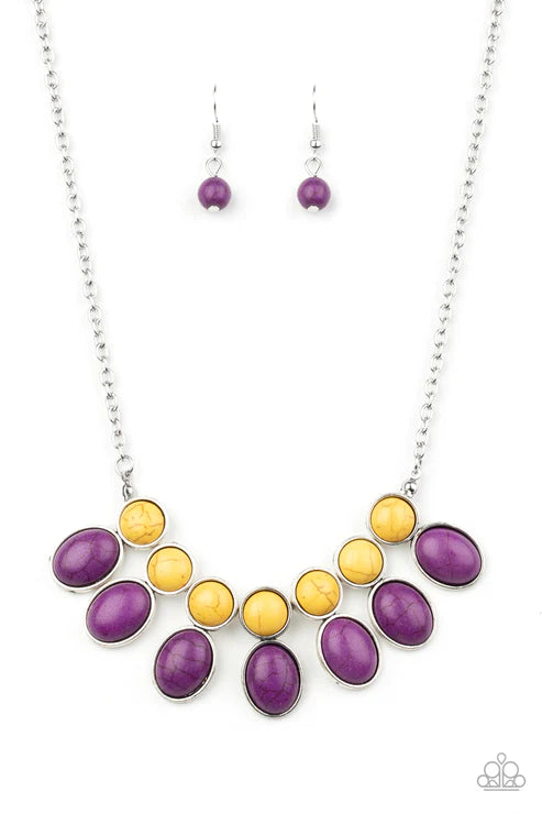 Environmental Impact - Purple/Yellow Round/Oval Stone Fringe Necklace N#4142