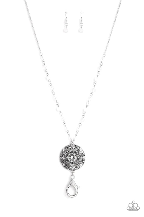 Everyday Enchantment - White Opalescent Crystal Floral Medallion Lanyard Necklace N#3793