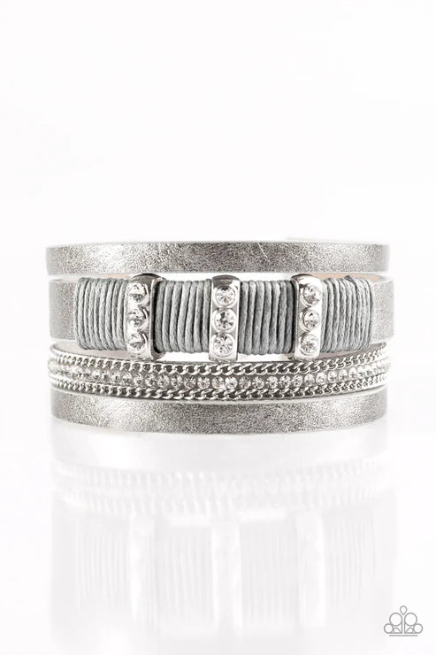 FAME Night - Metallic Silver/Gray Knotted Cord Encrusted Accent Leather Bracelet B#4215