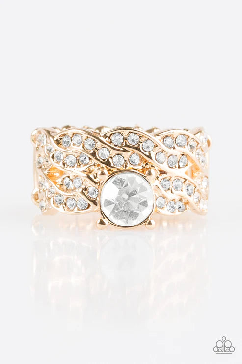 Fairytale Fabulous - Gold Braided Weave Encrusted Ribbon Ring R#4018