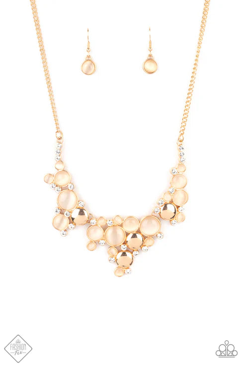 Fairytale Affair - Gold Bubbly Champagne Cat's Eye Moonstone White Encrusted Gold Discs Coalesces Enchanting Frames Whimsical Necklace N#7351