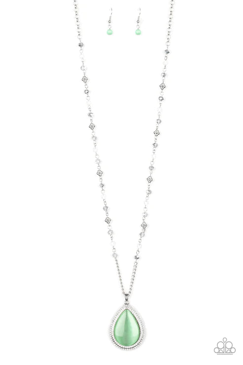 Fashion Flaunt - Oversized Green/White/Smoky/Metallic Crystal Dotted Imperfect Ethereal Cat's Eye Moonstone Encrusted Accent Necklace N#5731