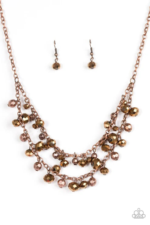 Fashion Show Fabulous - Copper Faceted Crystal-like Copper Chains Fringe Necklace N#7403