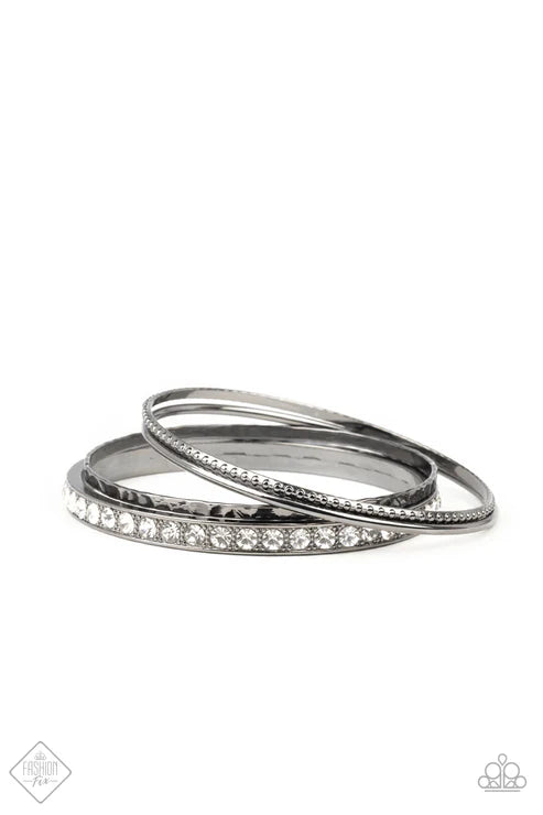 Fearless Shimmer - Black Encrusted Textured Bangle Bracelet Stack B#6741
