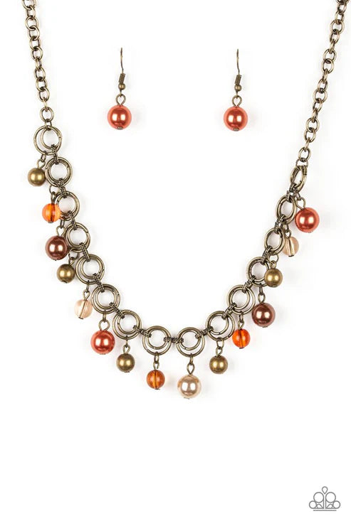 Fiercely Fancy - Multi (Brass/Brown/Orange) Pearl DoubleLinked Fringe Necklace N#3090