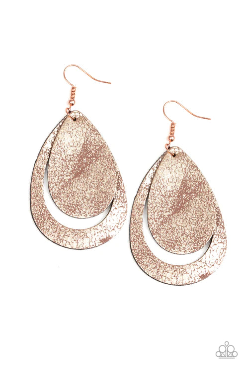 Fiery Firework - Oversized Copper Metallic Distressed Leather Teardrop Earrings E#4025