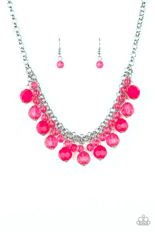 Fiesta Fabulous - Pink Interlocked Opaque Crystal Fringe Necklace N#4577