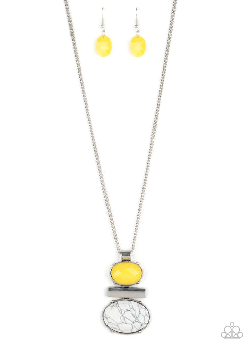Finding Balance - Oversized Yellow/White Oval/Rectangular Marble Stone Stacked Pendant Necklace N#3263