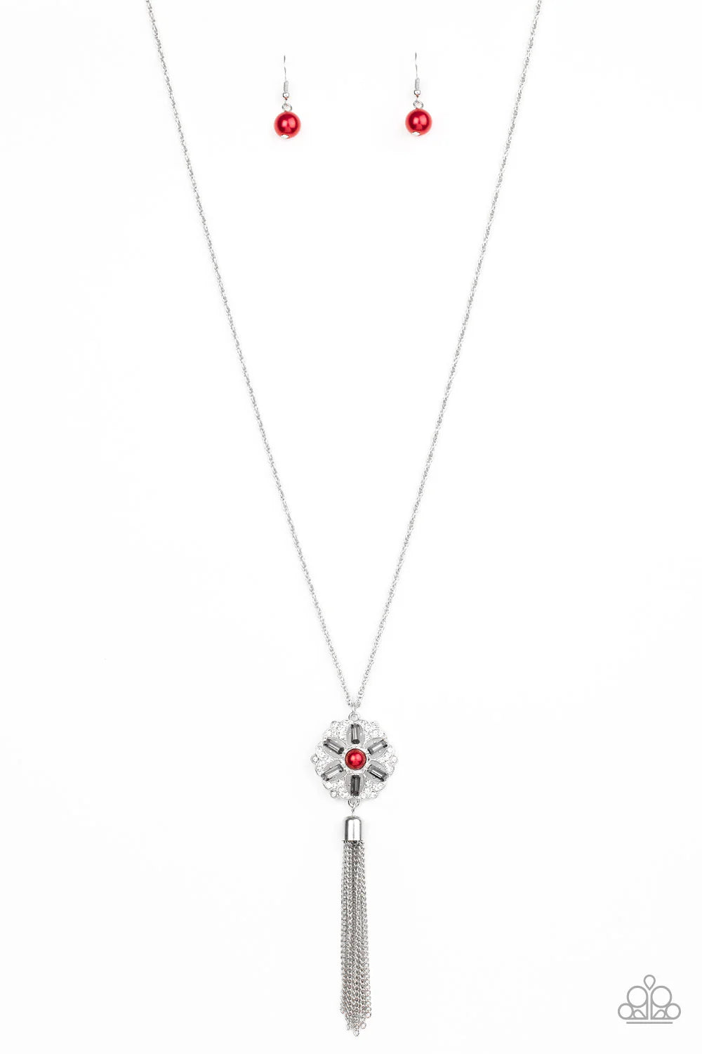 Fine Florals - Red Smoky Dotted Pearl Floral Encrusted Tassel Necklace N#7049