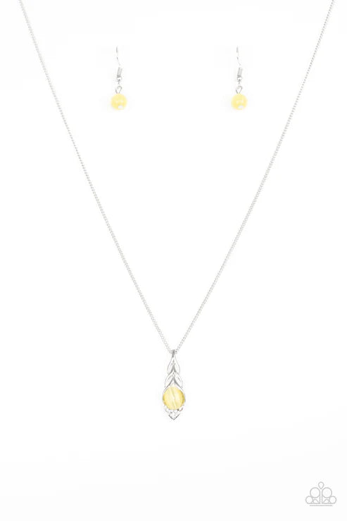 First Class Flier - Yellow Cat's Eye Moonstone Nestled Encrusted Feather Frame Necklace N#6761