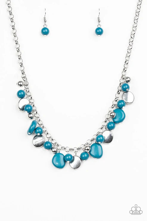 Flirtatiously Florida - Blue/Silver Round/Asymmetrical Accent Fringe Necklace N#6361