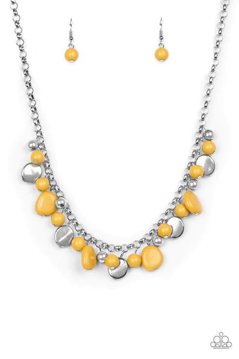 Flirtatiously Florida - Yellow/Silver Round/Asymmetrical Accent Fringe Necklace N#6193