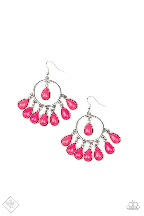 Flirty Flamboyance - Pink Suspended Teardrop Fringe Hoop Earrings E#4586