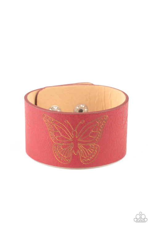Flirty Flutter - Red Stamped Whimsical Butterfly Rustic Red Leather Adjustable Snap Closure Bracelet B#4728