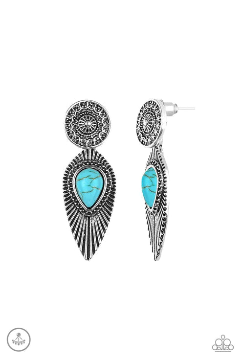 Fly Into The Sun - Blue Stone Dotted Feather Double-Sided Earrings E#3693
