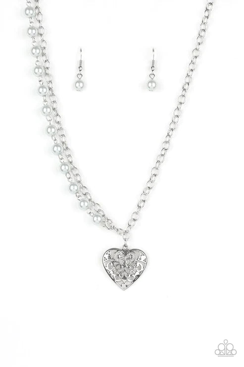 Forever In My Heart - Silver Pearl 3D Heart Asymmetrical Swirl Filigree Necklace N#3887