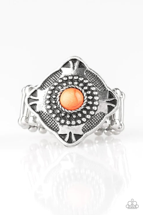 Four Corners Fashion - Orange Embossed Studded Tilted Square Stone Tribal Ring R#5274