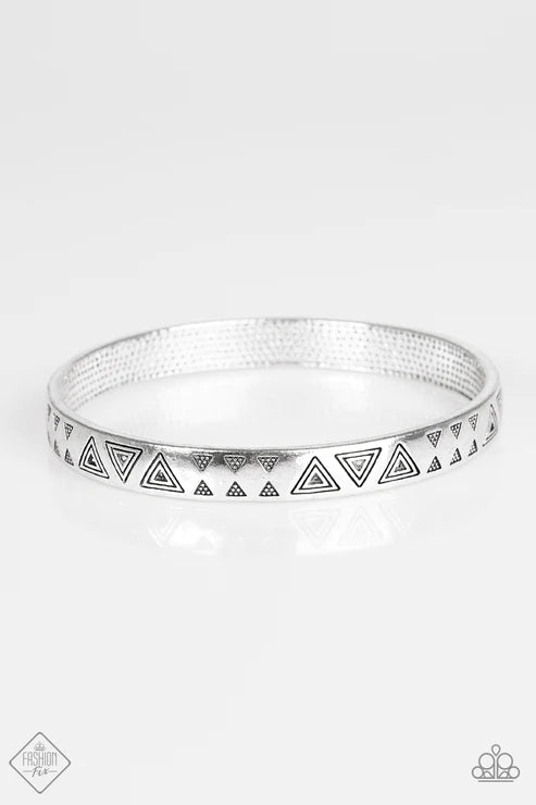 Fox In The Henhouse - Silver Triangular Stamped Tribal Bangle Bracelet B#5427