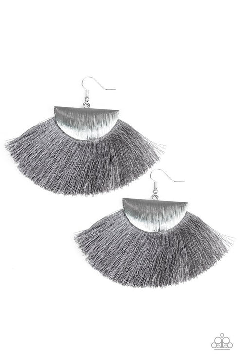Fox Trap - Silver/Gray Crescent Foxy Fan Flared Fringe Earrings E#2874