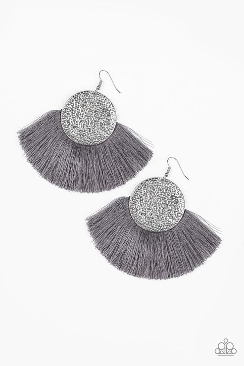 Foxtrot Fringe - Oversized Silver (Gray) Hammered Disc Foxy Flared Fan Fringe Earrings E#3386