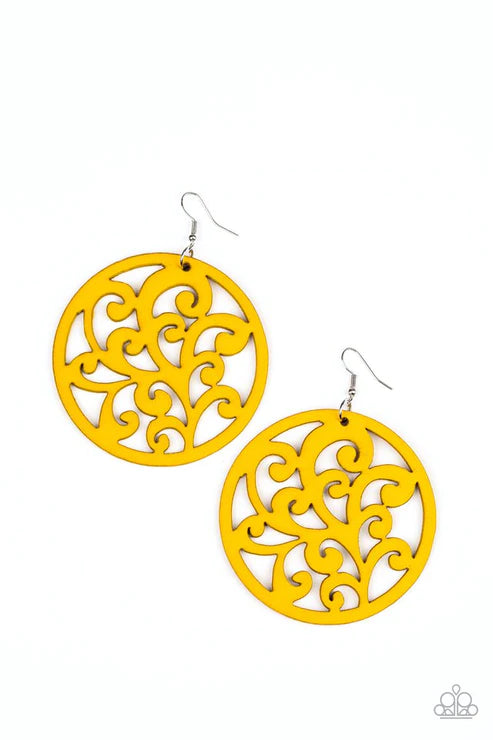 Fresh Off The Vine - Oversized Yellow Stenciled Vine Filigree Wood Earrings E#2972