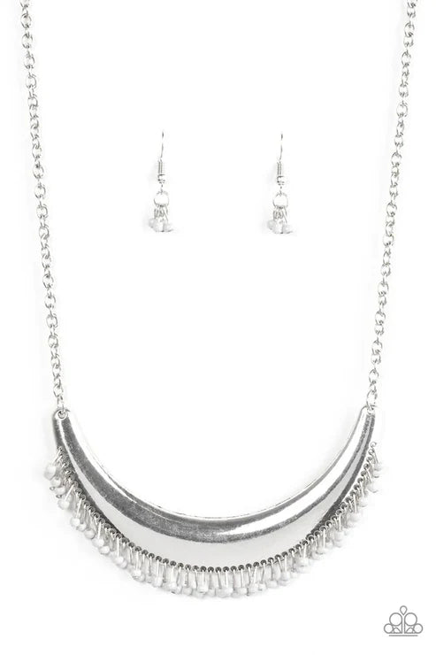 Fringe Out - Silver Seed Bead Crescent Fringe Necklace N#6324