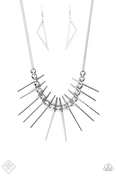 Fully Charged - Silver Triangular/Rounded Slide Along Accent Fringe Necklace N#6622