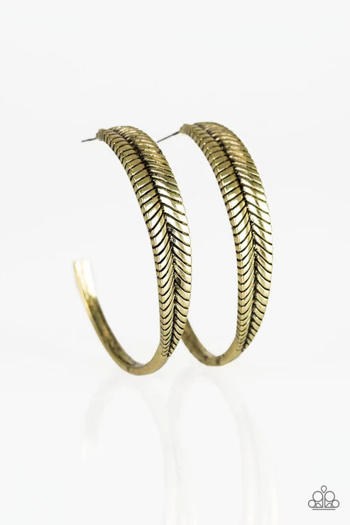 Funky Feathers - Oversized Brass Curled Feather Hoop E#2881