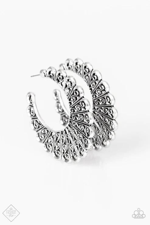 Funky Flirt - Oversized Silver Swirl Scalloped Petal Filigree Hoop Earrings E#3361