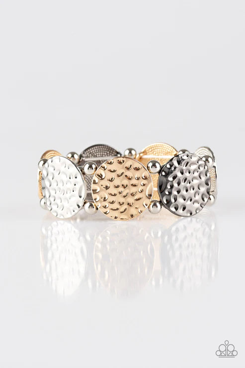 GLISTEN and Learn - Oversized Multi (Gold/Gunmetal/Silver) Infused Hammered Bracelet B#2699