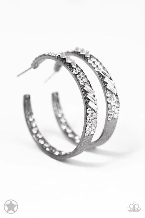 GLITZY By Association - Oversized Gunmetal/White Dipped Encrusted Hoop Earrings E#4521