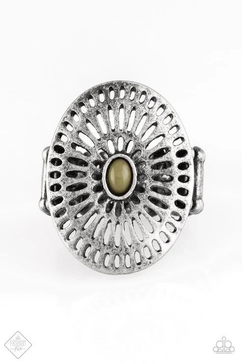 GRATE Expectations - Oversized Green (Martini Olive) Rustic Gritty Antiqued Matte Grate Spin , Ring #7276