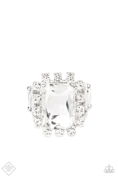 Galactic Glamour - Oversized White Emerald Cut/Square Explosion Encrusted Fans Out Ring R#5980