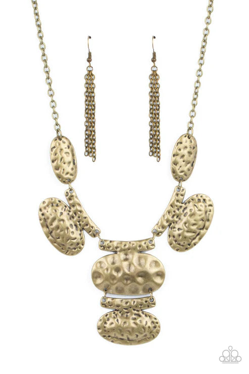 Gallery Relic - Oversized Brass Mismatched Oval Hammered Connected Plates Industrial Necklace N#4710